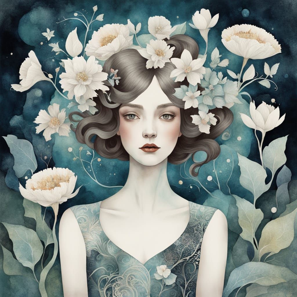 Elegant Floral Portrait Fusion in Watercolor Style