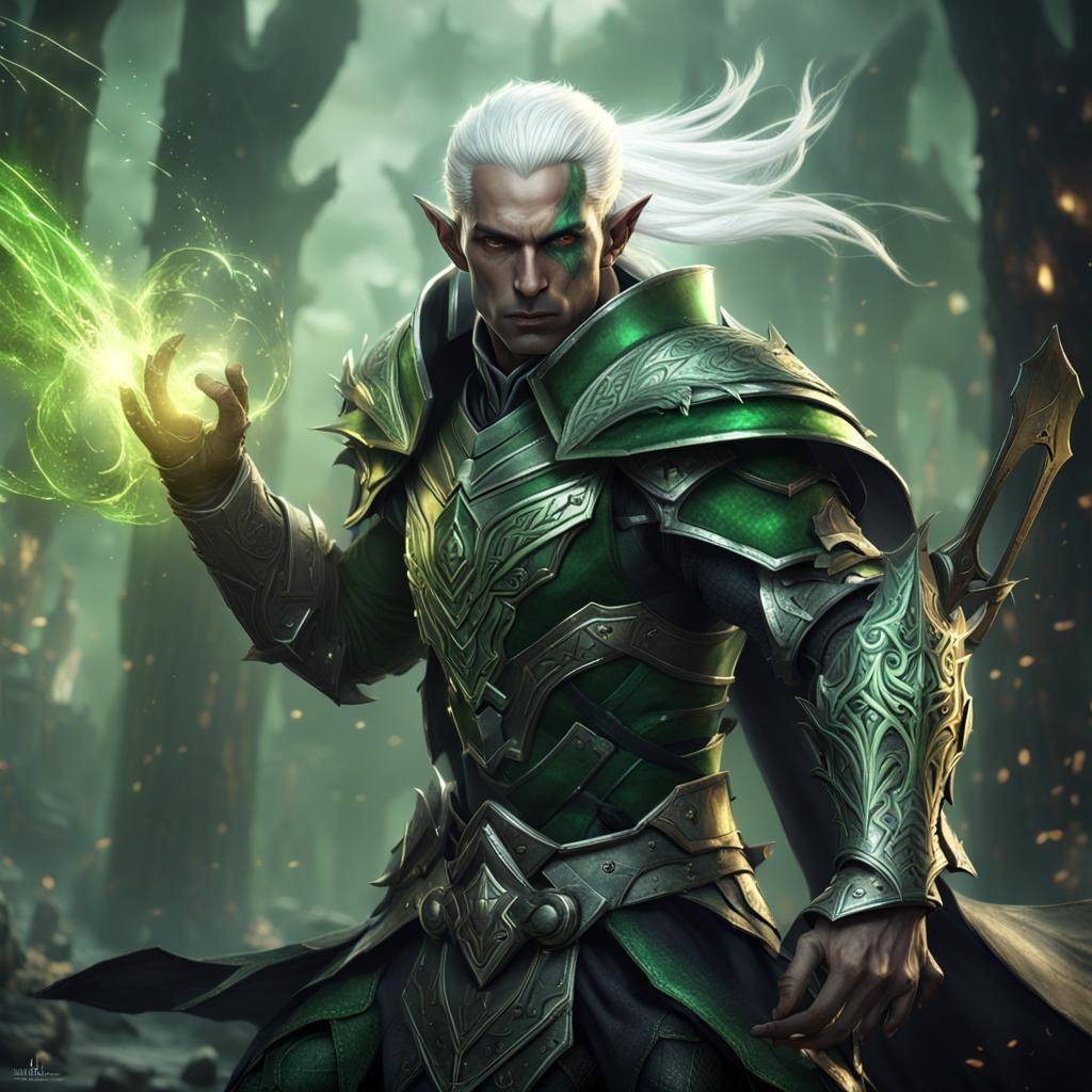 Dark Elf Magic Fighter in Green Armor
