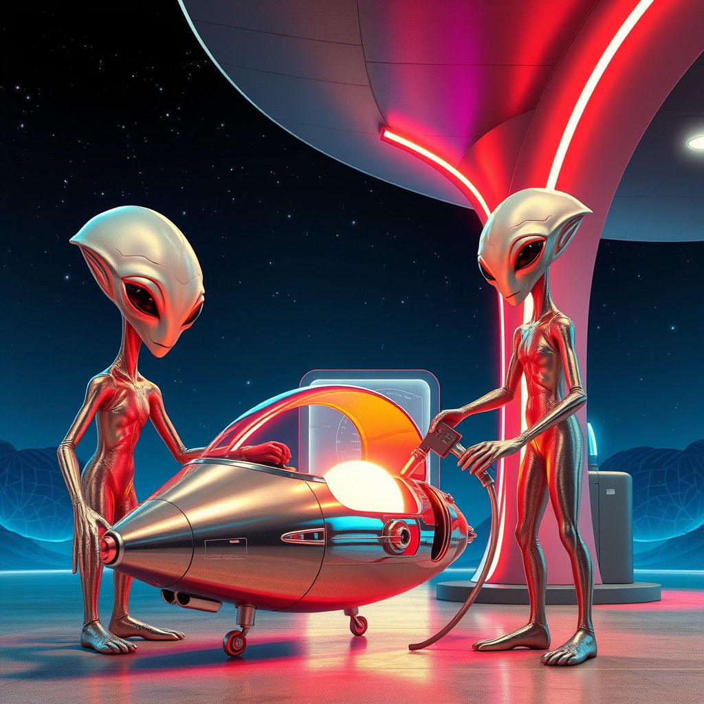 Retro-Futuristic Alien Petrol Station at Night