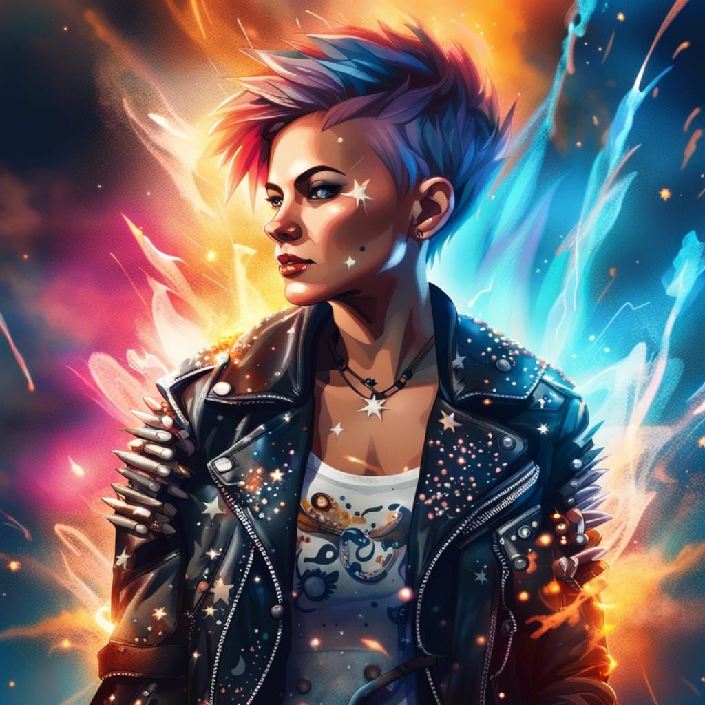 Punk Rock Woman Portrait with Flames and Sparks