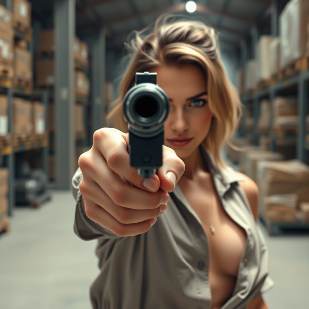 Photorealistic Portrait of a Confident Woman Holding a Revol...
