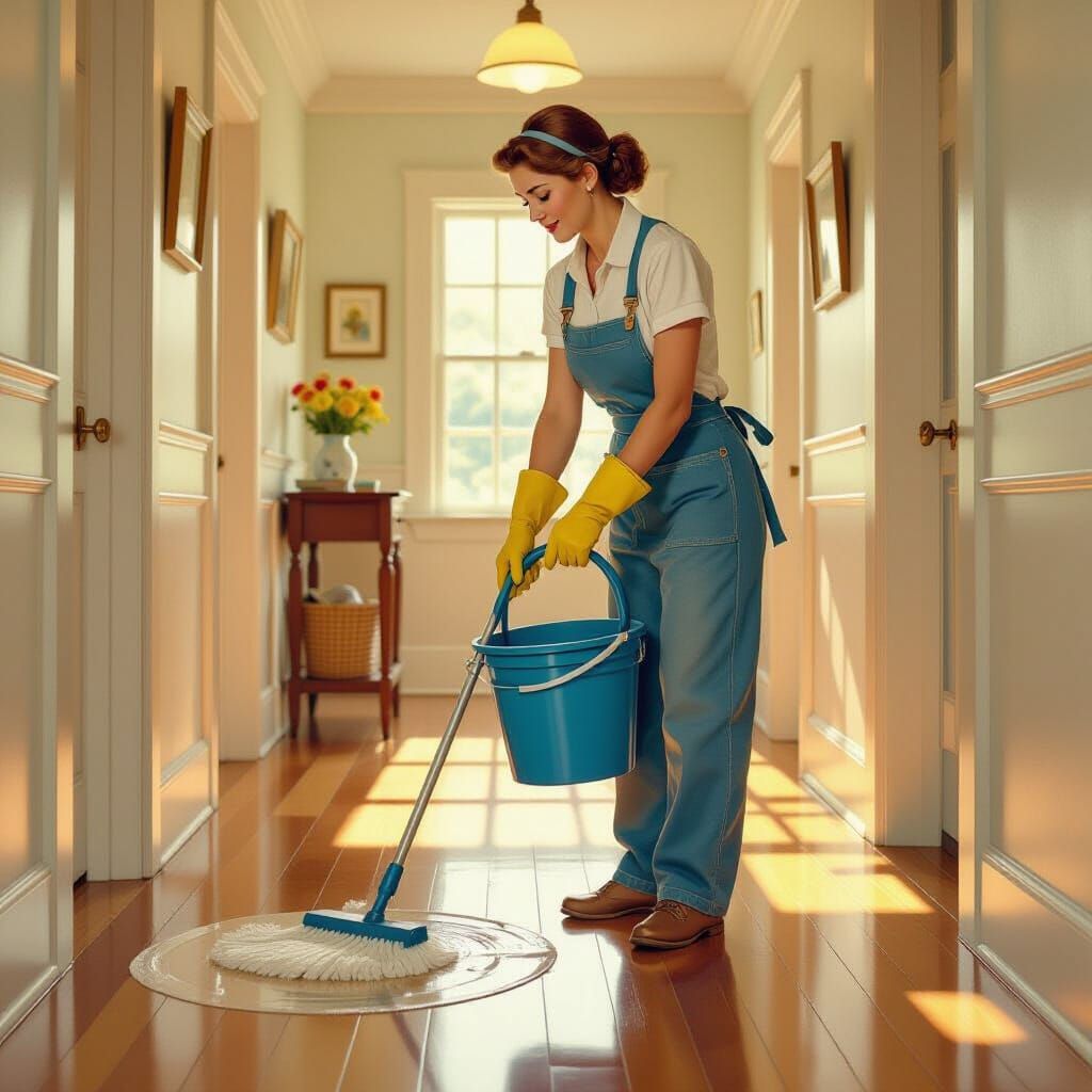 Woman Cleans Hallway in Rockwell Style