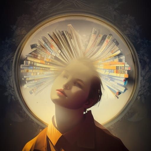 Double Exposure Portrait with Books in Dynamic Lighting
