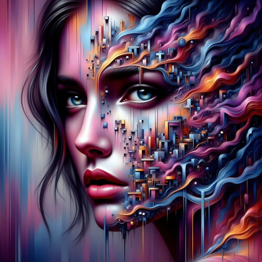 <lora:-Abstragony-:1.0> <lora:Surreal:1.0> A dramatically lit, melting female face..