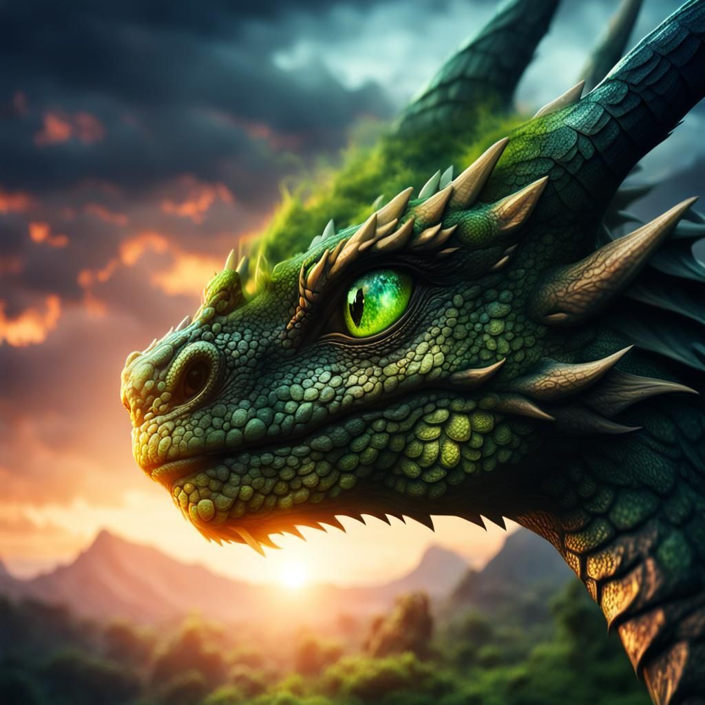 Dragon with Sunset Landscape Reflection