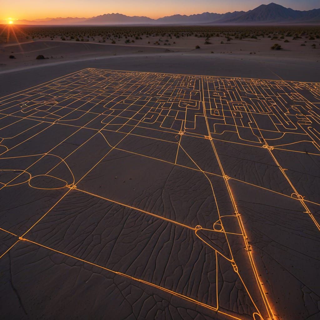 Neon nazca lines in evening sunset desert scenery