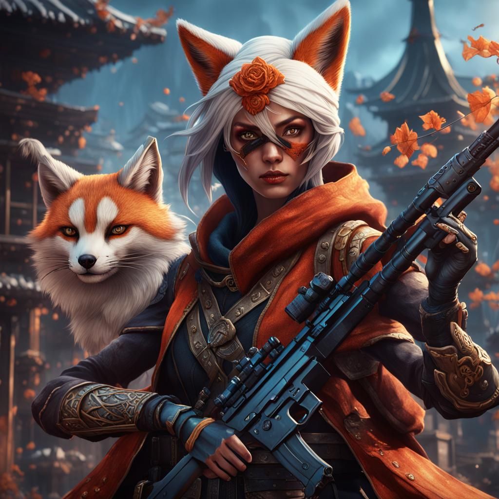 Kitsune Assassin with Sniper Rifle, Detailed Matte Painting