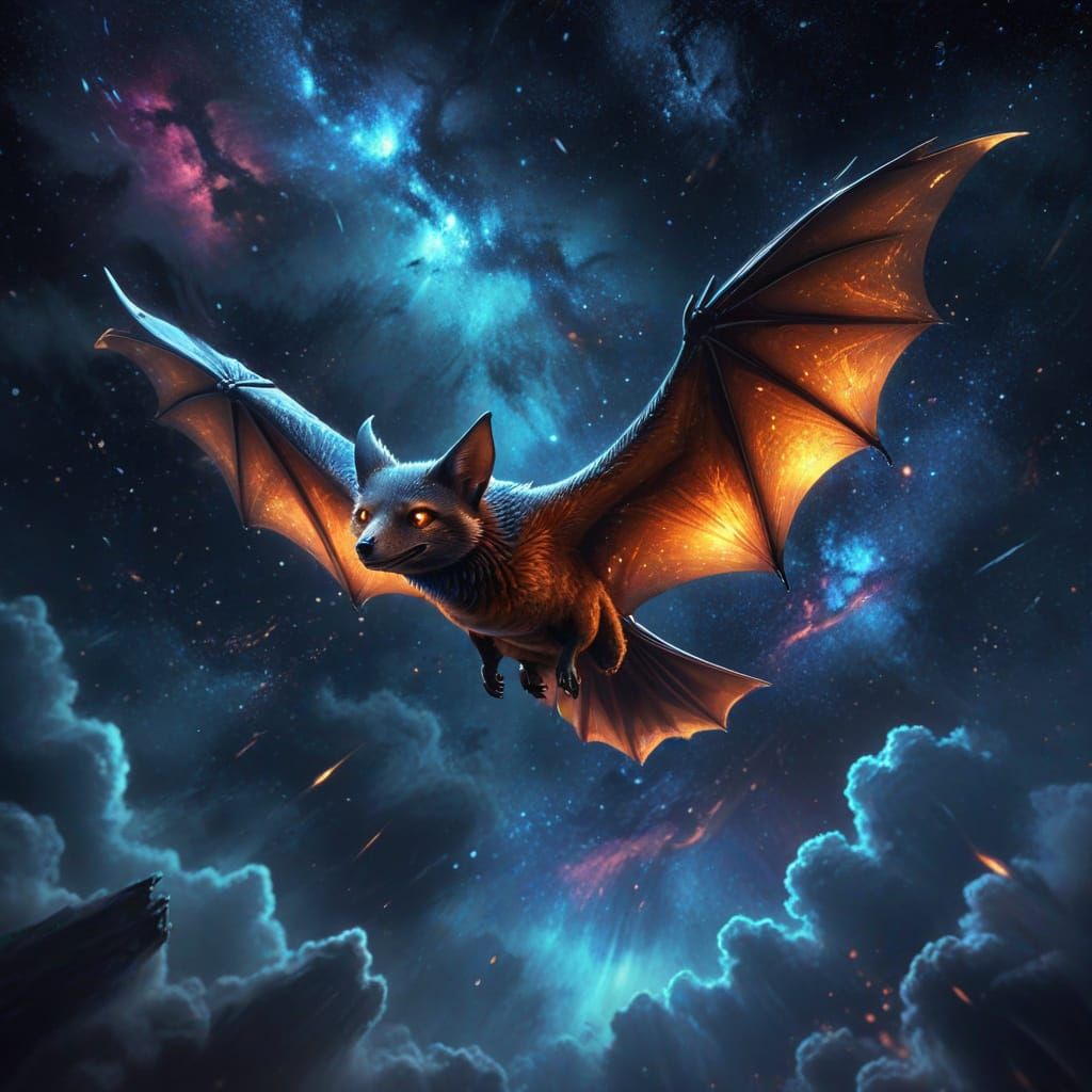 Vibrant Digital Painting of a Flying Fox Soaring Through a S...