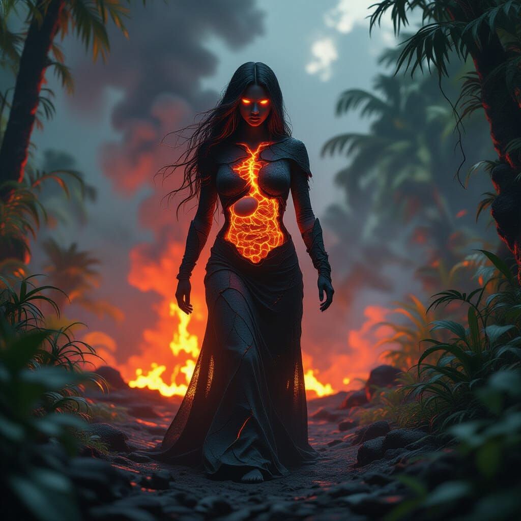 Obsidian Woman Emerges from Volcano in Dark Fantasy Style