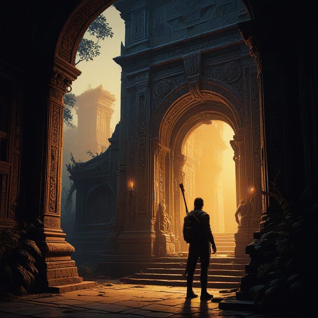 Traveler at Forgotten Temple in Gothic Photography Style