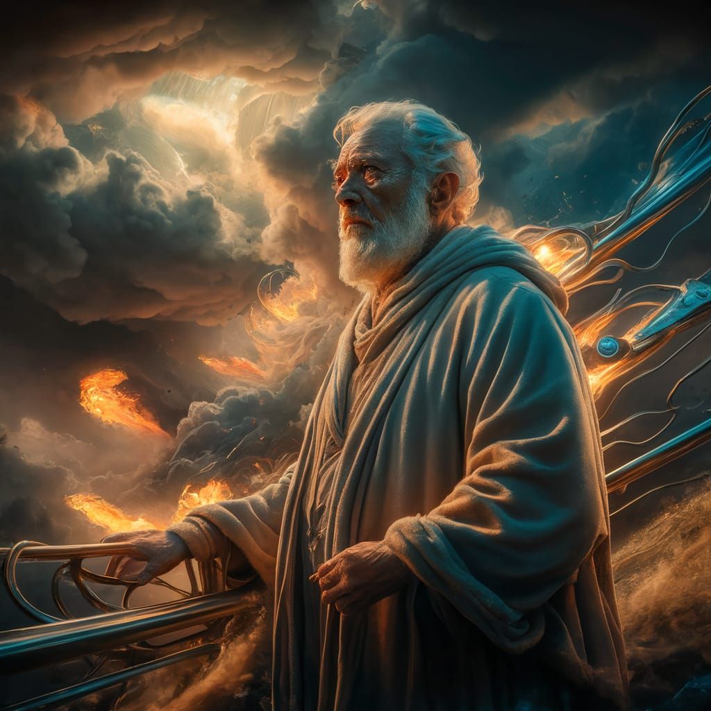 Old Man in Stormy Scene: Hyper-Detailed Art