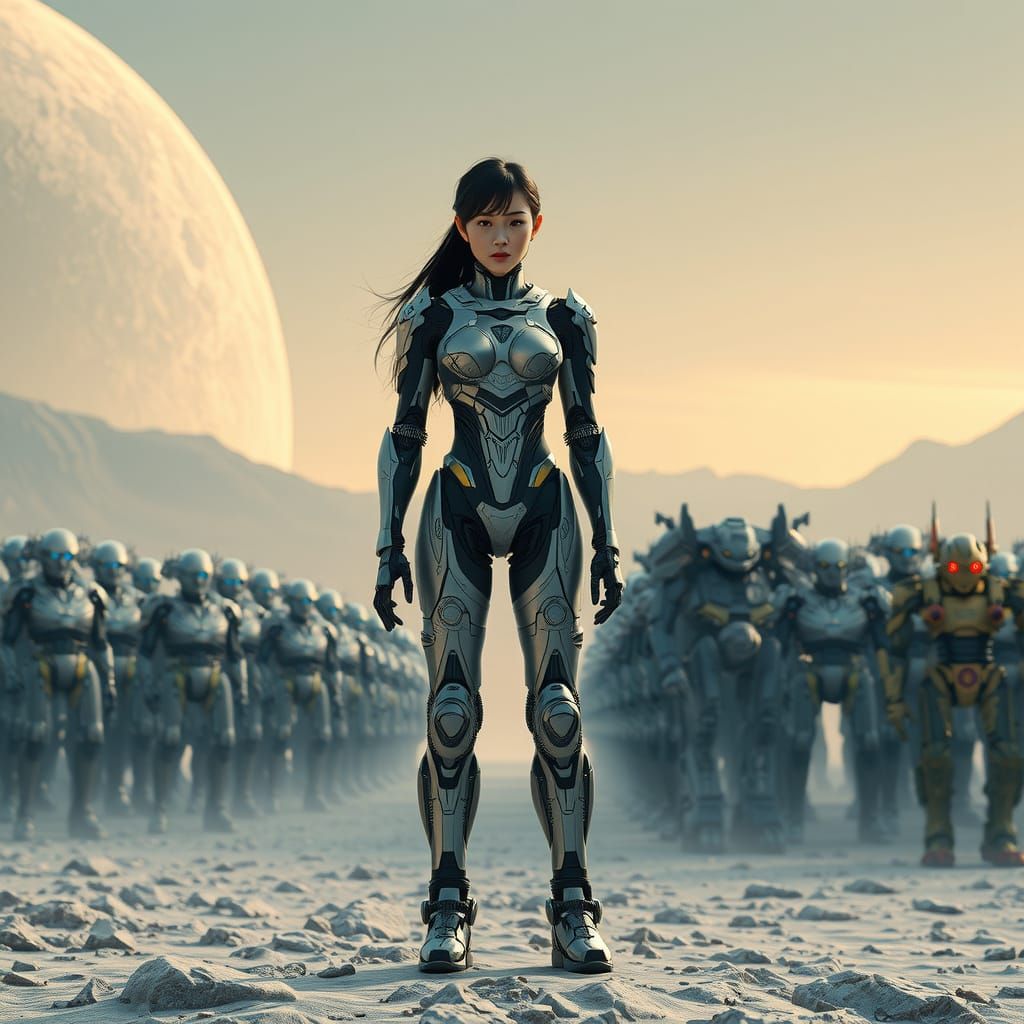 Android Heroine Stands Tall in Lunar Landscape