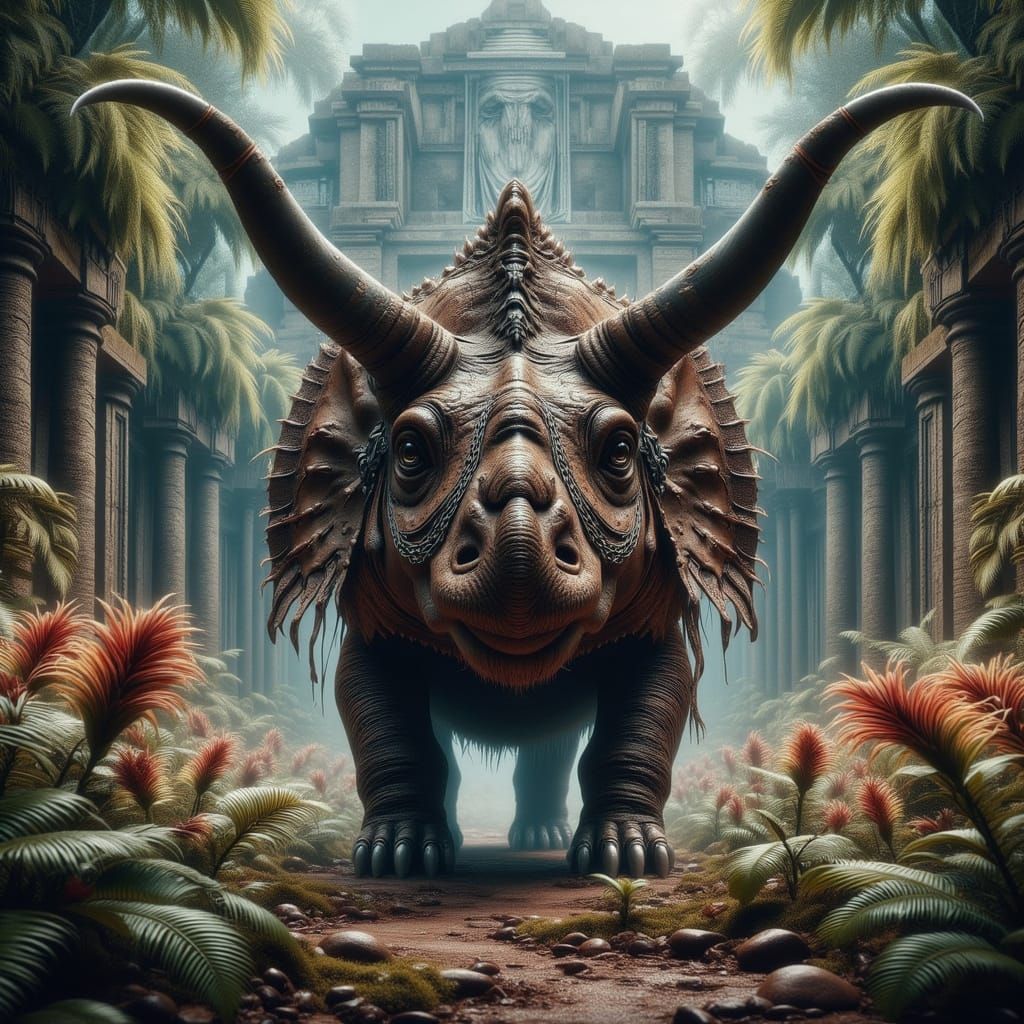Armored Triceratops Guardian of Overgrown Temple Ruins