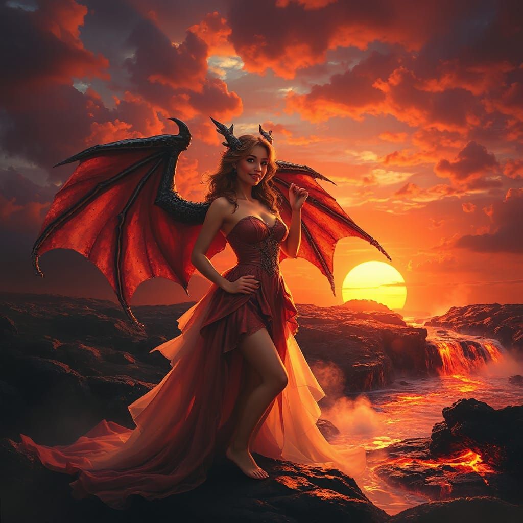 Ethereal Sunset Goddess with Dragon Wings