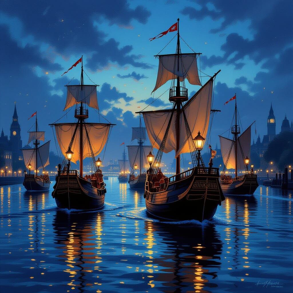 16th Century Ships on Thames in Oil Painting Style