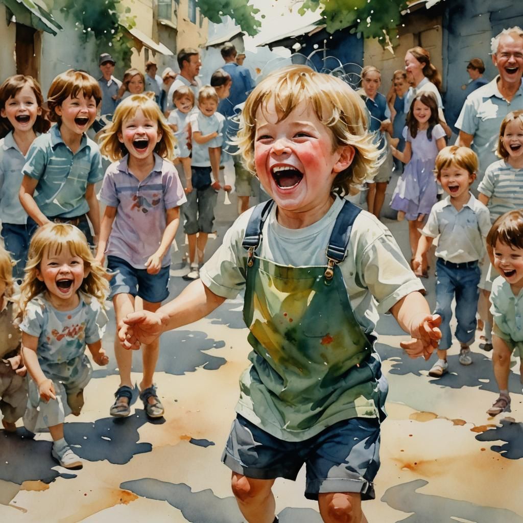 Child Laughing, Watercolor and Oil Painting