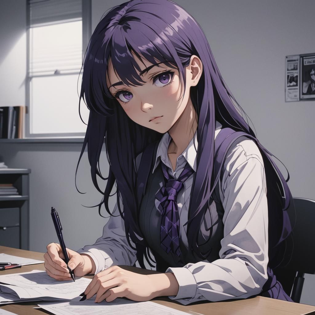 Anime Girl Writes at Desk in Cel-Shaded Style