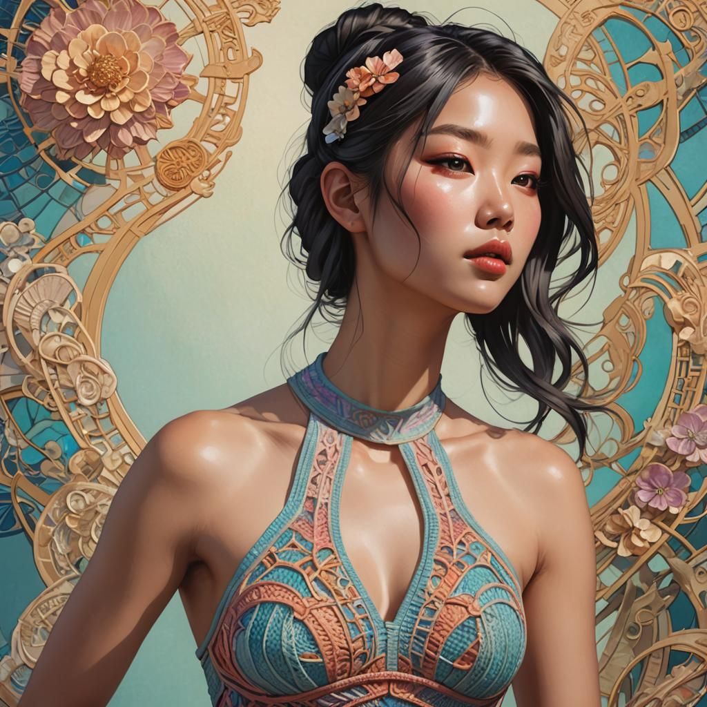 Korean Woman in Knitted Halter Swimsuit: Concept Art