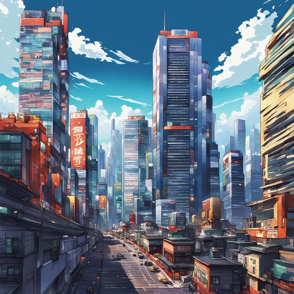 Tokyo Skyscrapers in Anime Cel-Shaded Style