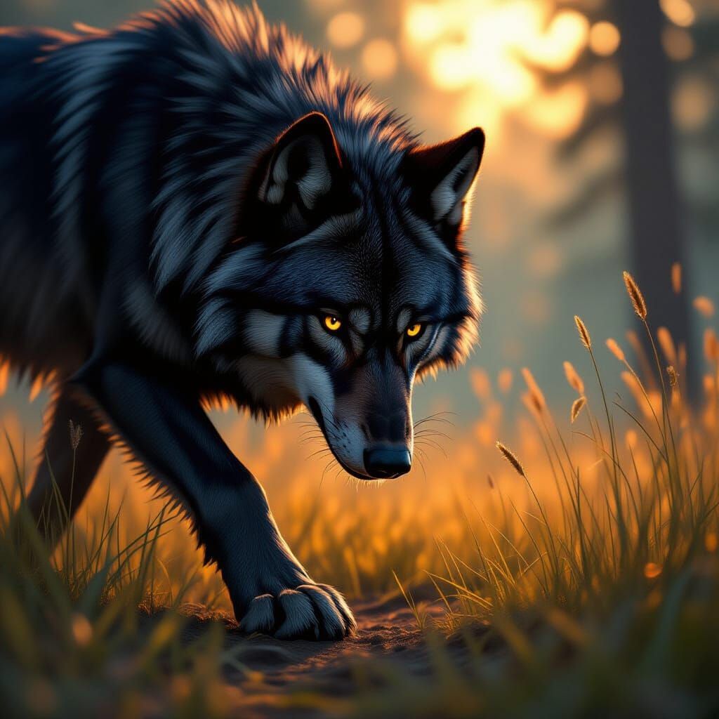 Black Wolf Paw in Sunlit Forest Clearing