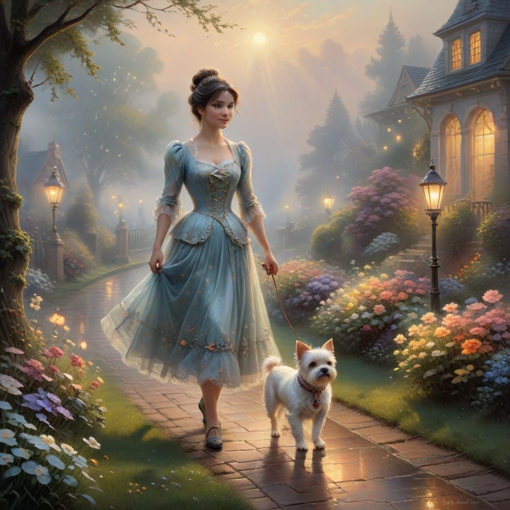 Lady on Whimsical Evening Stroll with Adorable Companion