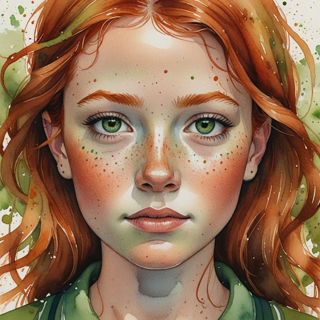 Watercolor Portrait of a Girl with Red Hair and Freckles