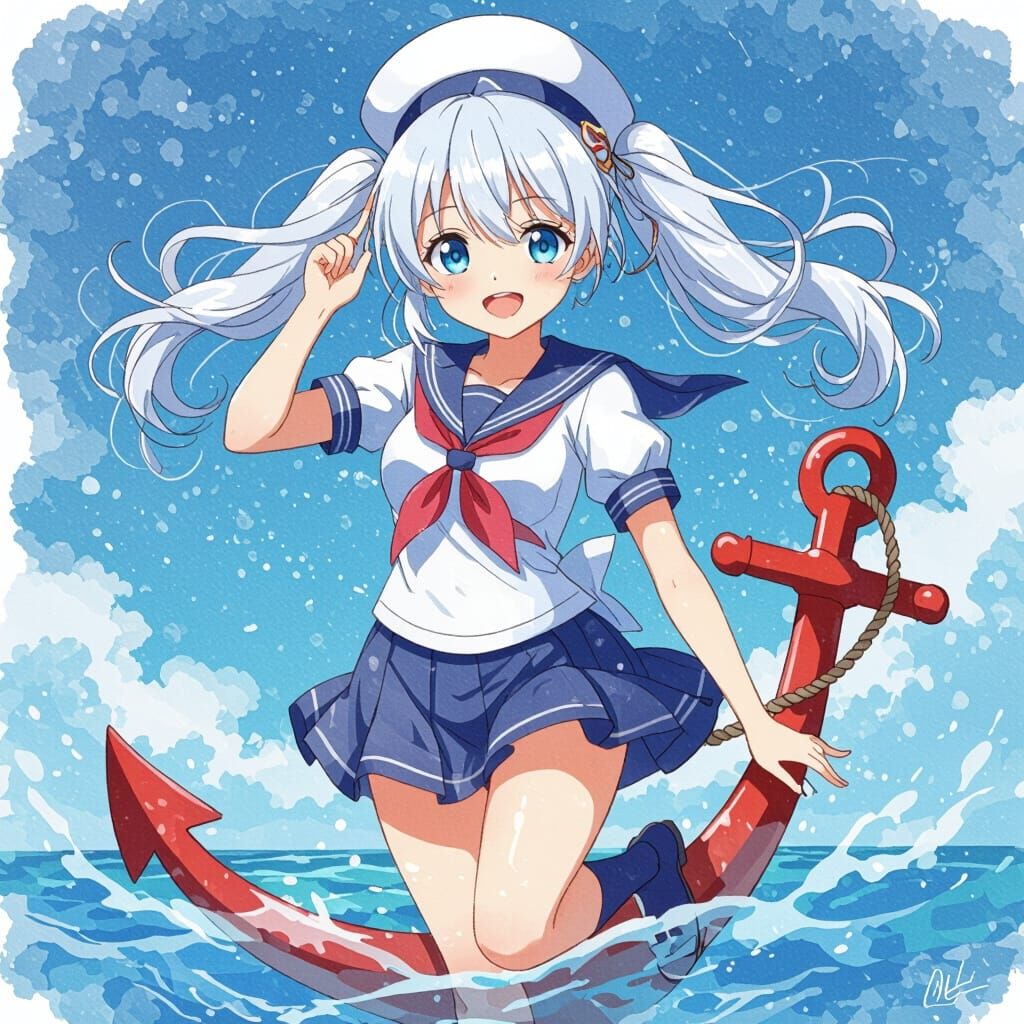 Girl with Anchor in Watercolor Style