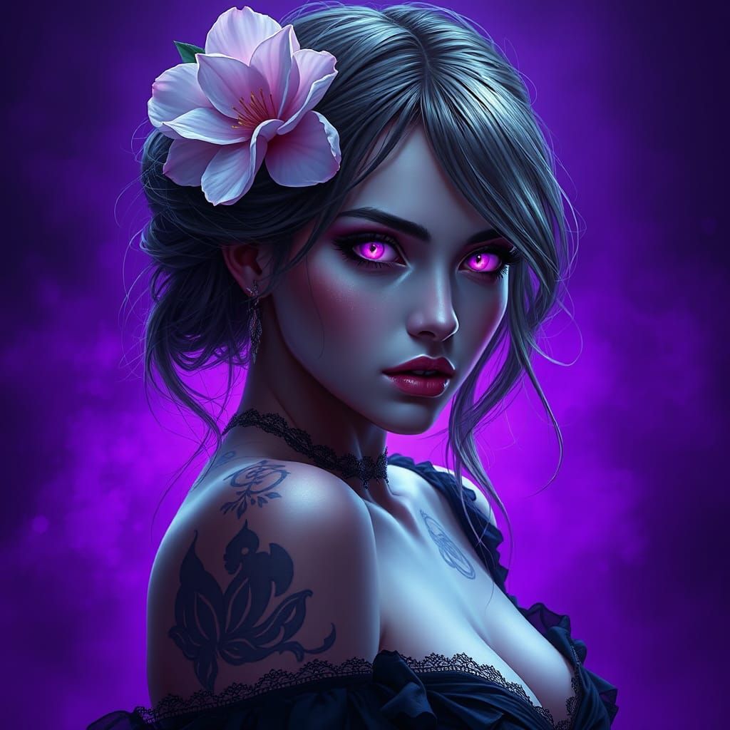 Woman with Flower and Tattoos in Goth Art Style