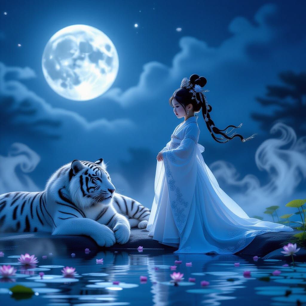 Ethereal Moonlit Princess with White Tiger