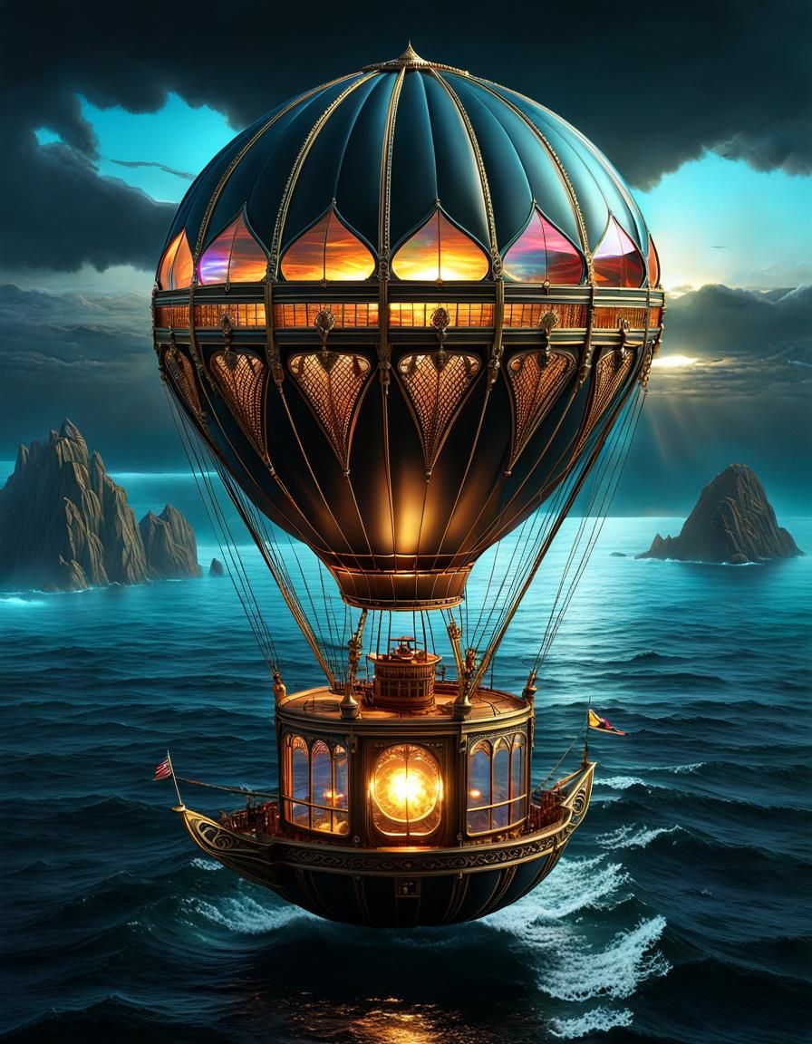 Steampunk Hot Air Balloon Over Ocean at Night