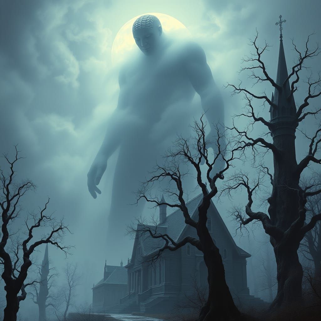 Gothic Giant Emerges from Misty Landscape
