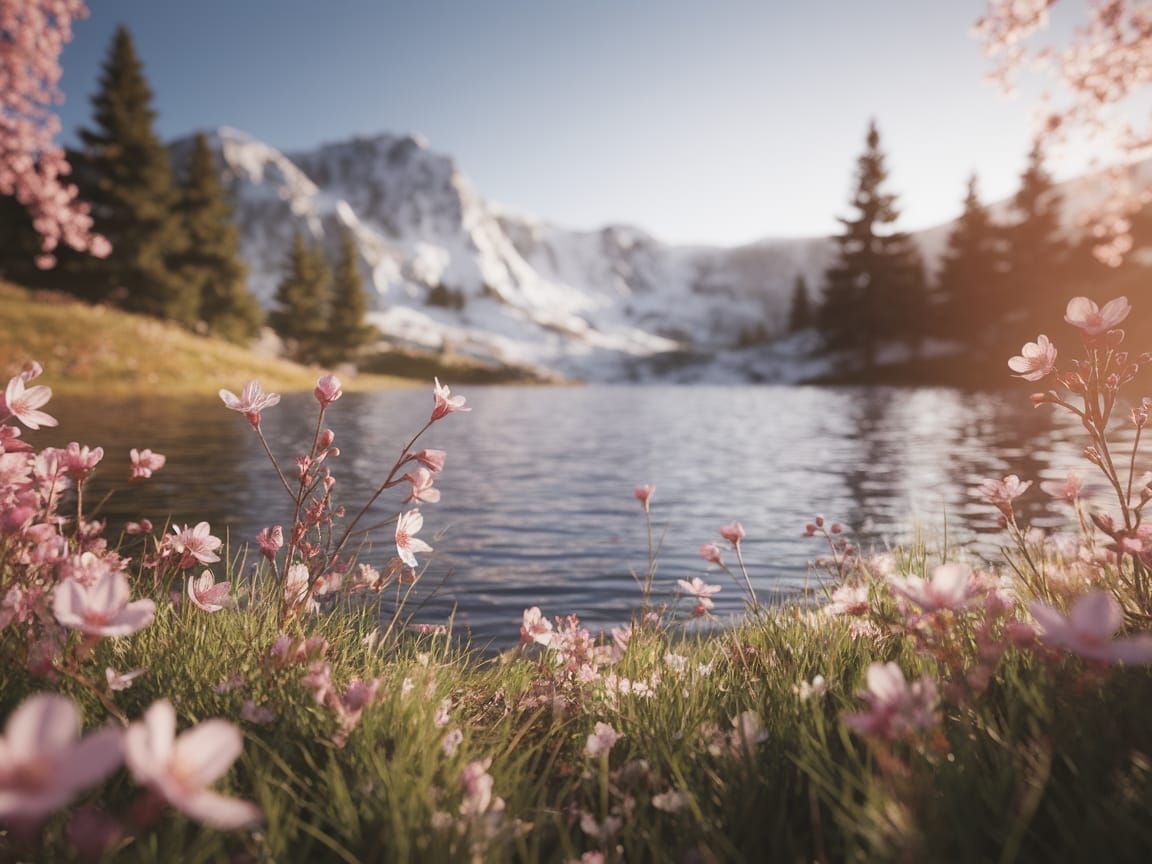 Breathtaking 3D Render of a Mountain Lake in Vibrant Bloom