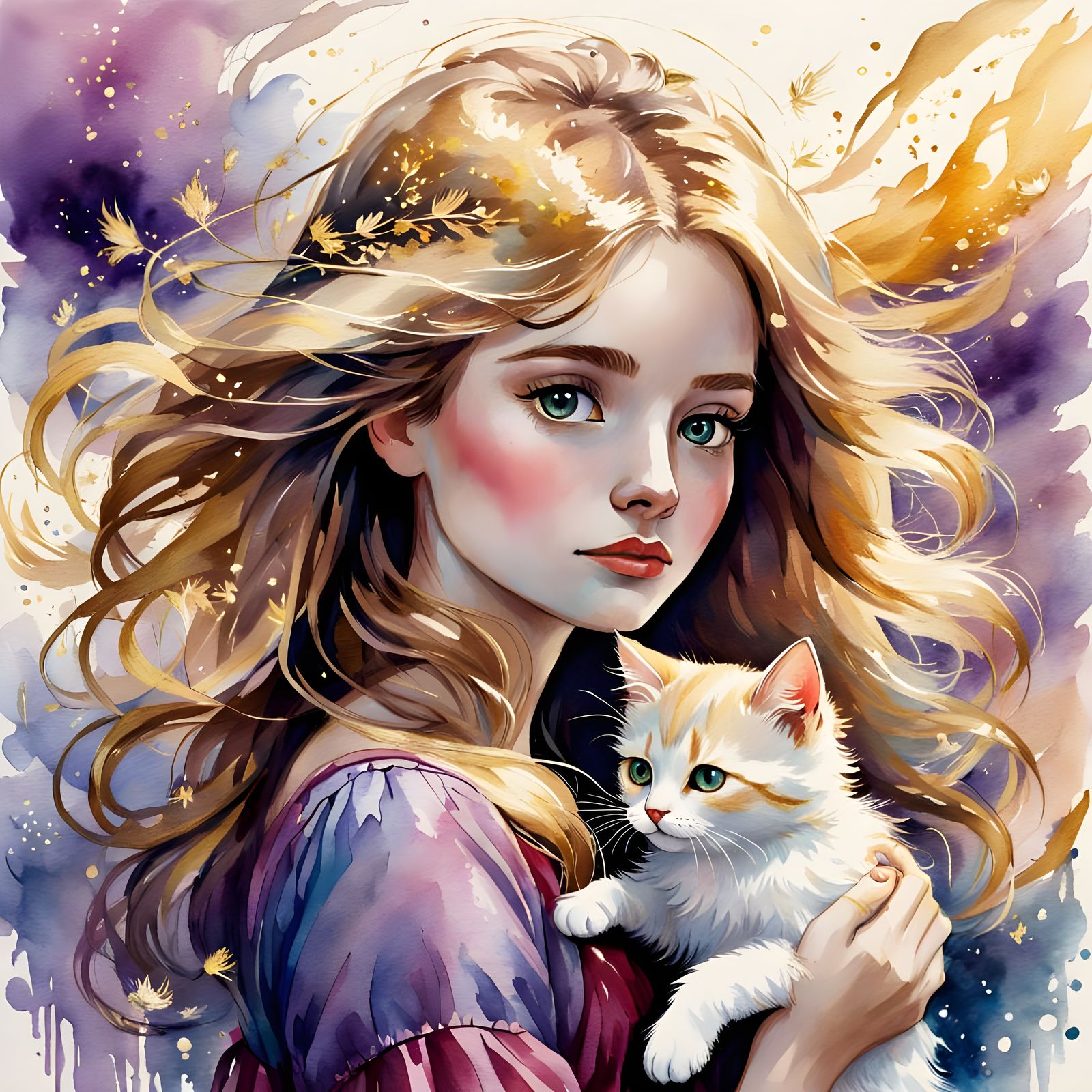 Whimsical Watercolour Portrait of a Girl and Her Kitten