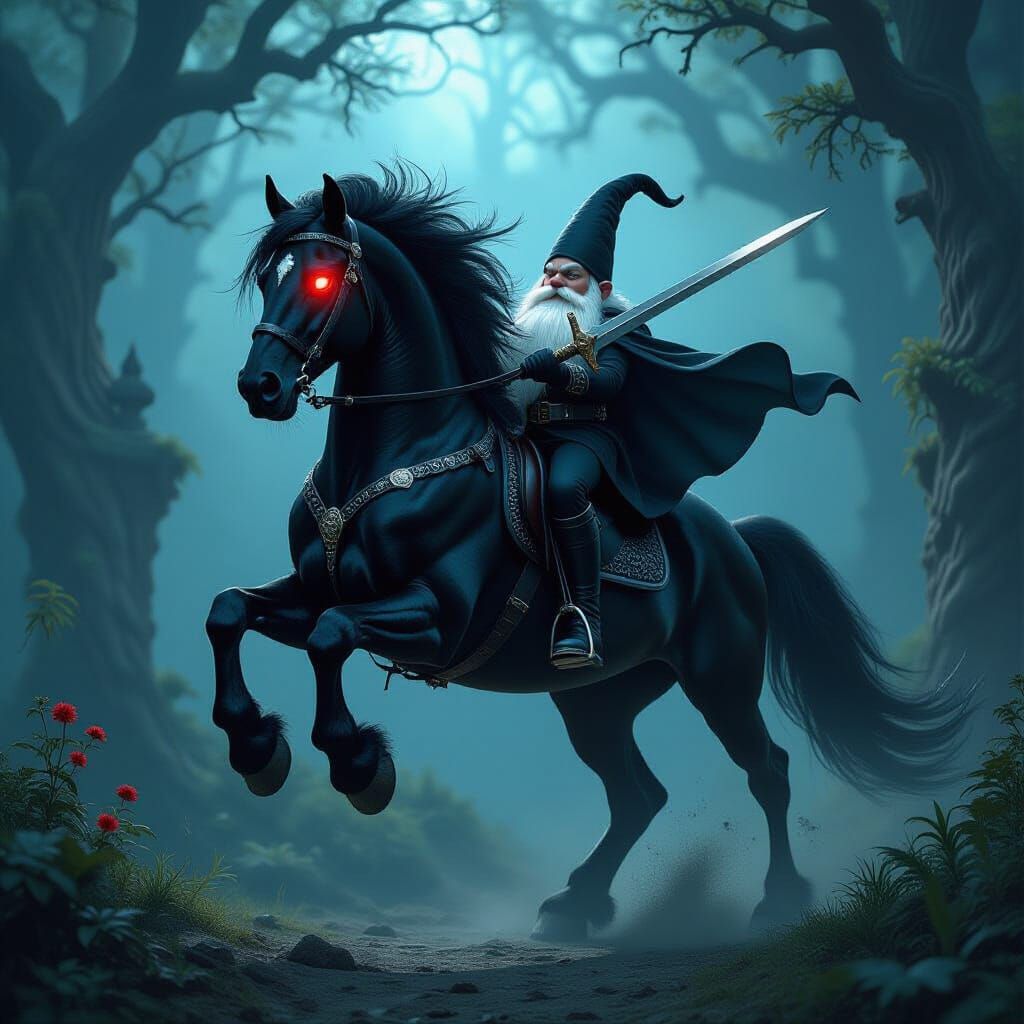 Majestic Black Stallion Rears Up in Dark Fantasy Realm