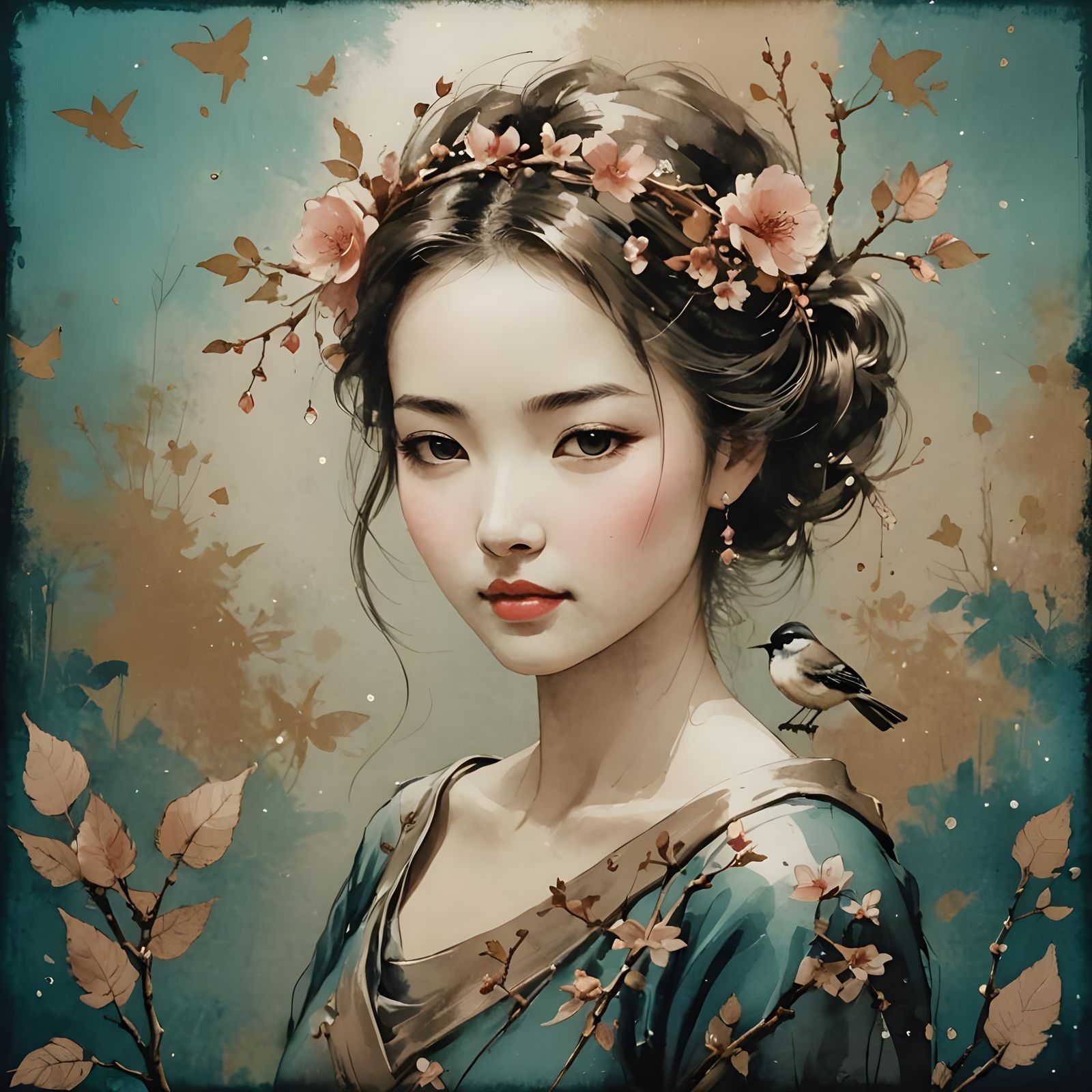 Bird on Branch in Sumi-e Style