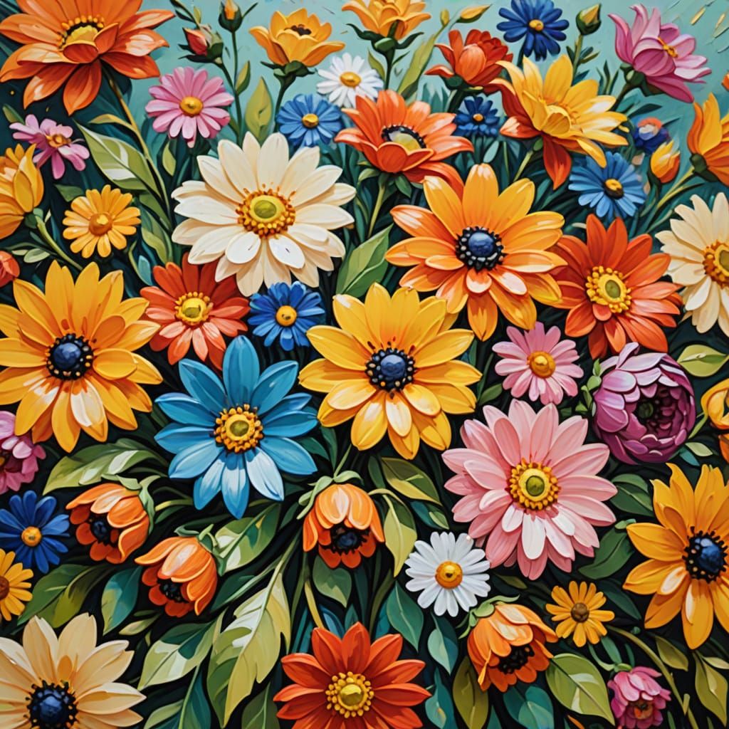 Bright Flower Bouquet in Gouache Impasto Style