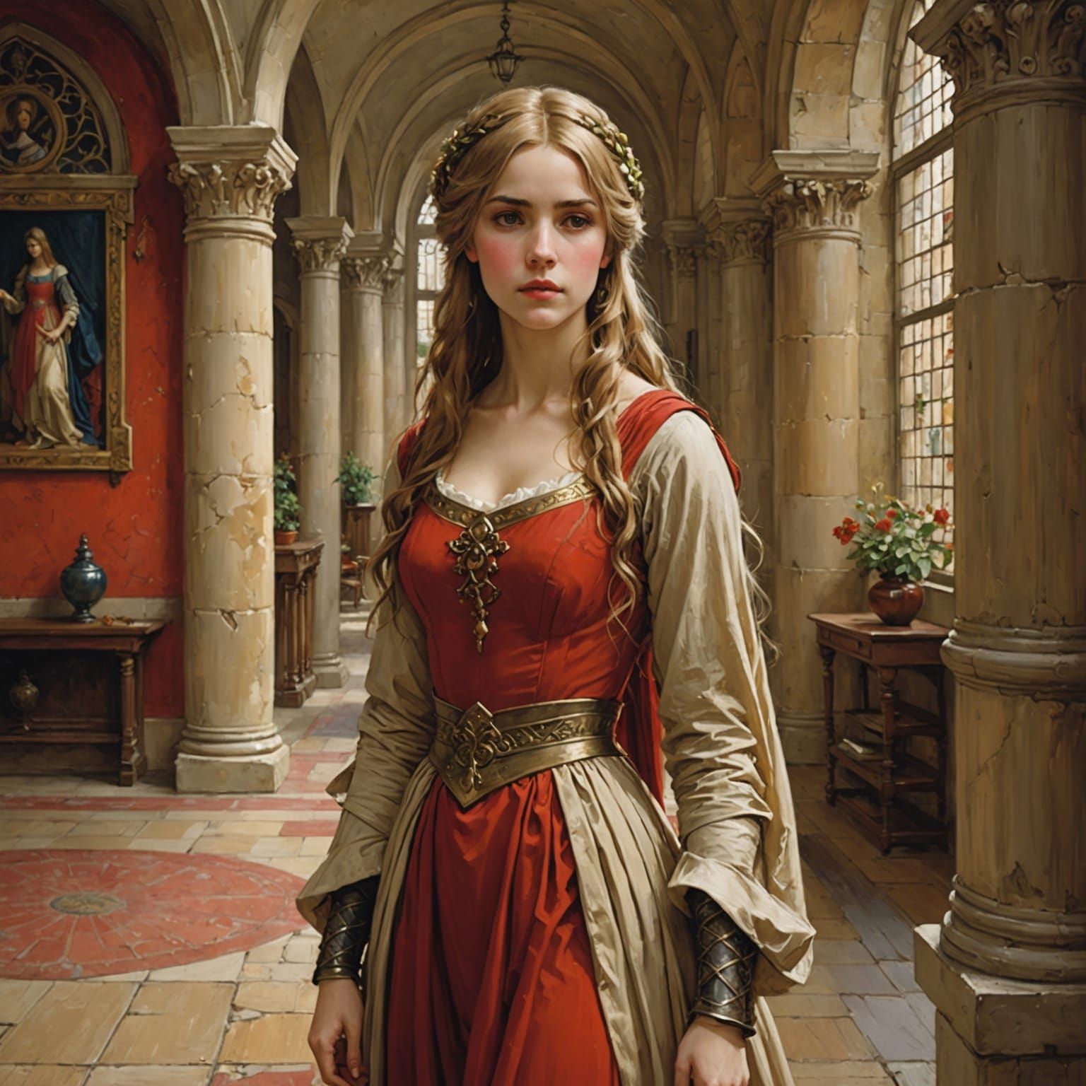 Medieval Maiden in Hall, Waterhouse Style