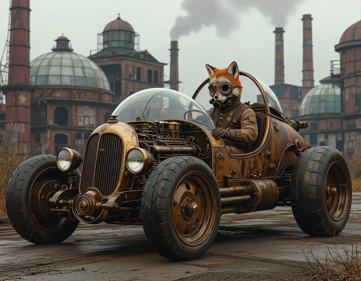 Steampunk Fox Driver in Hyperrealistic Car
