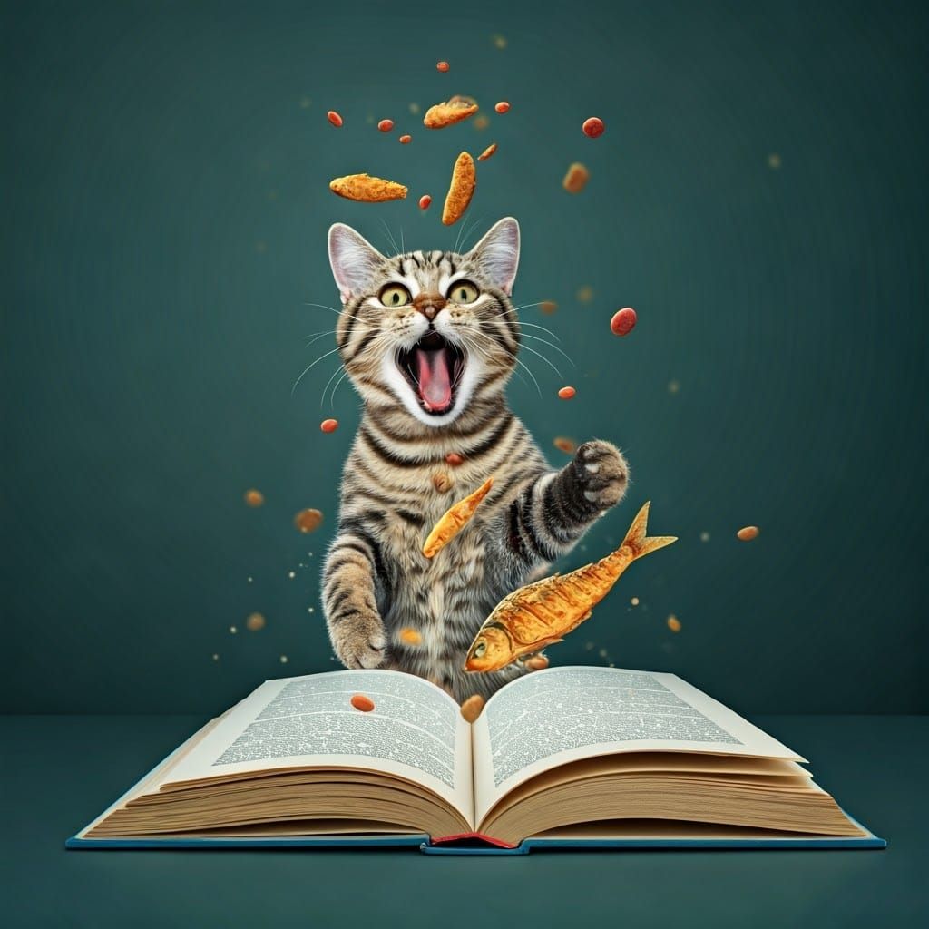 Cat Leaping for Fish Emerging from Book, 3D Render