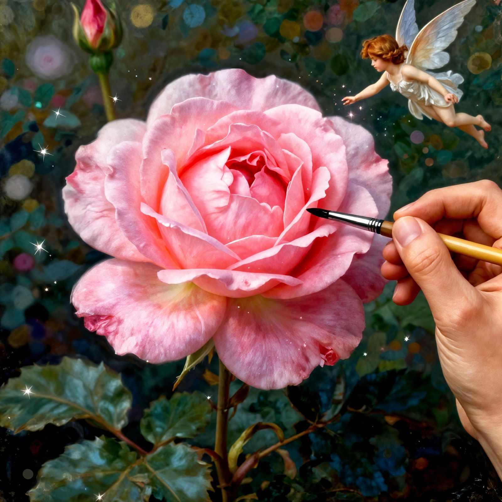 Fairy Paints Magical Rose in Enchanted Garden