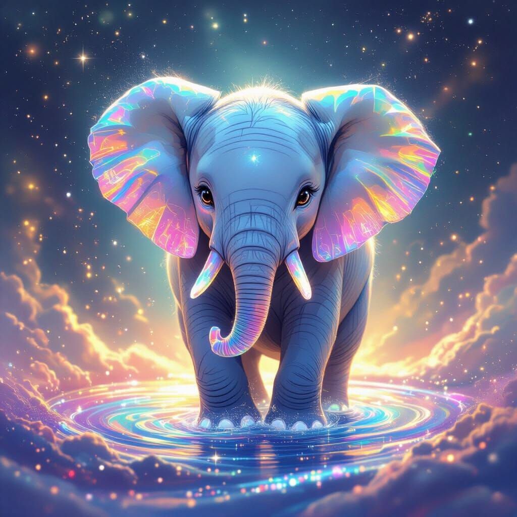 Majestic Baby Elephant with Crystal Tusks in Cosmic Pool