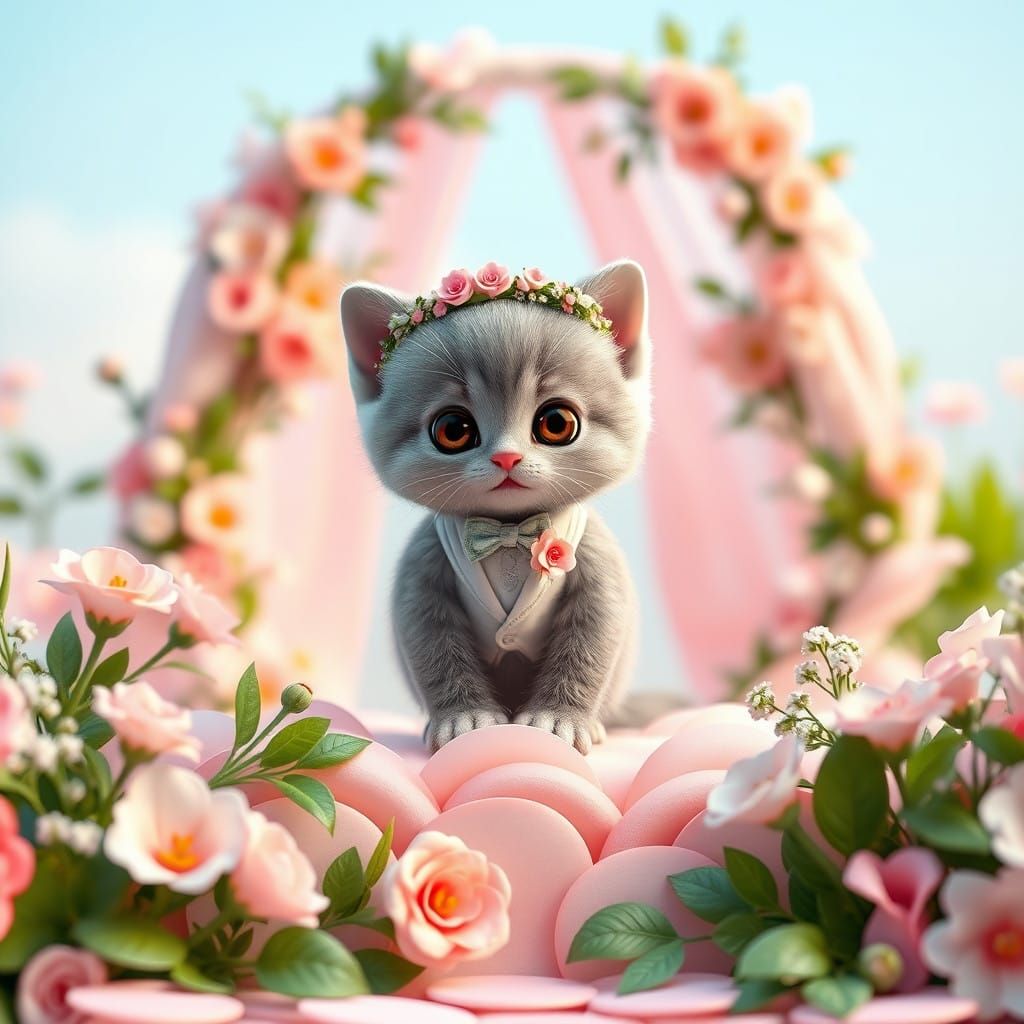A Kawaii Grey Kitten in Whimsical Wedding Attire