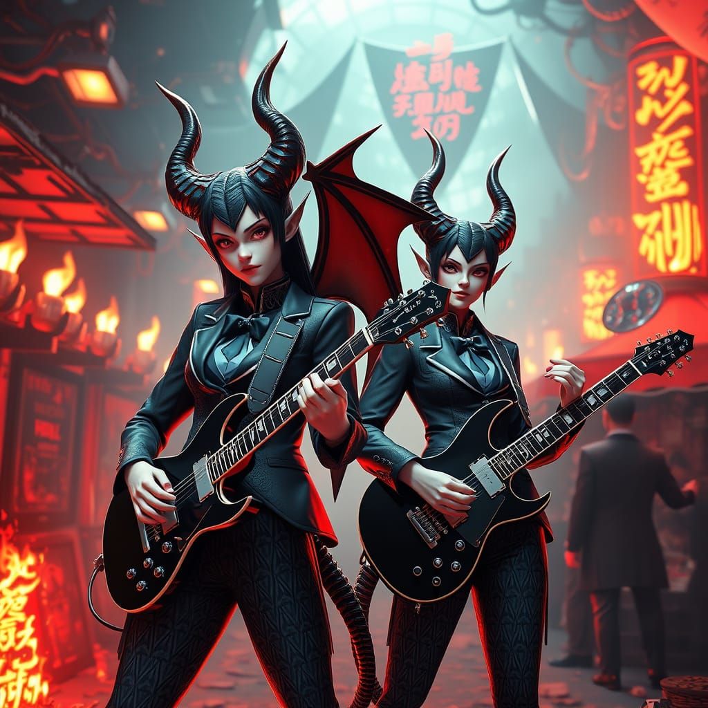 Surreal Devils Rock Out in Hellish Bazaar, in 3D Anime Style