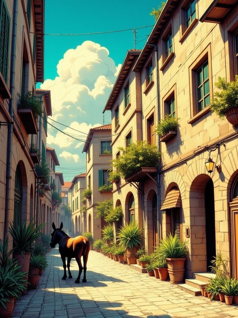 Charming Italian Village Lane in Watercolor Style