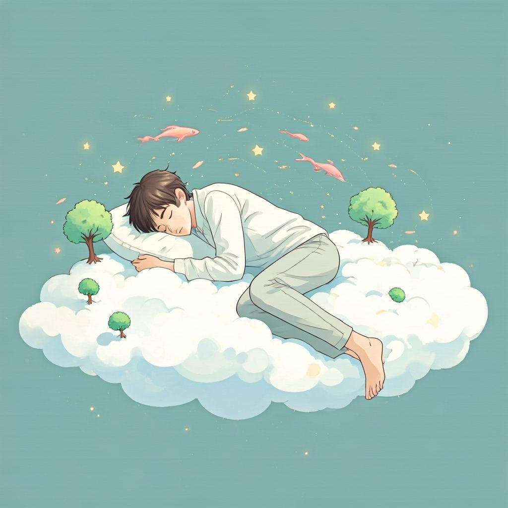 Dreamy Cloudscape with Sleeping Man in Anime Style