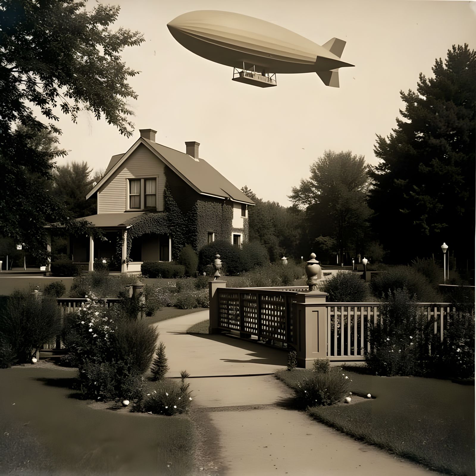 Vintage Dirigible Soars Above a Serene Lush Landscape in Sep...