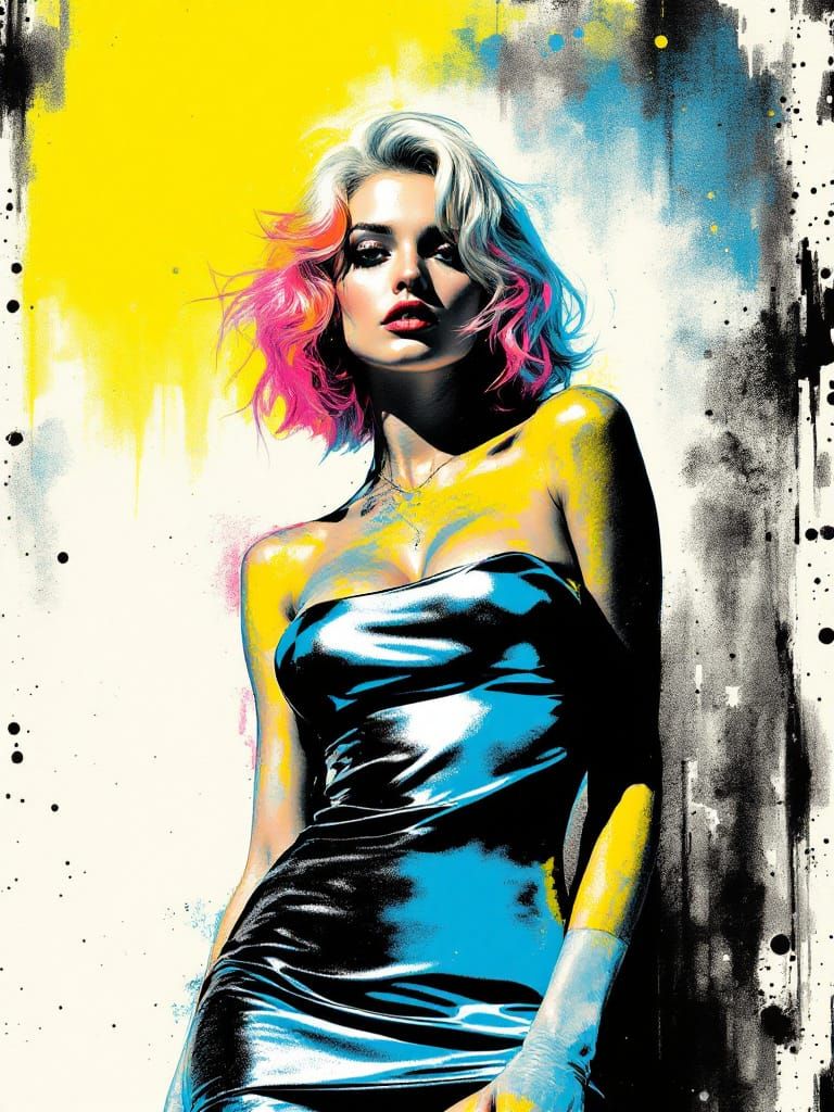 Pin-Up Woman in Metallic Dress with Warhol & Longo Style