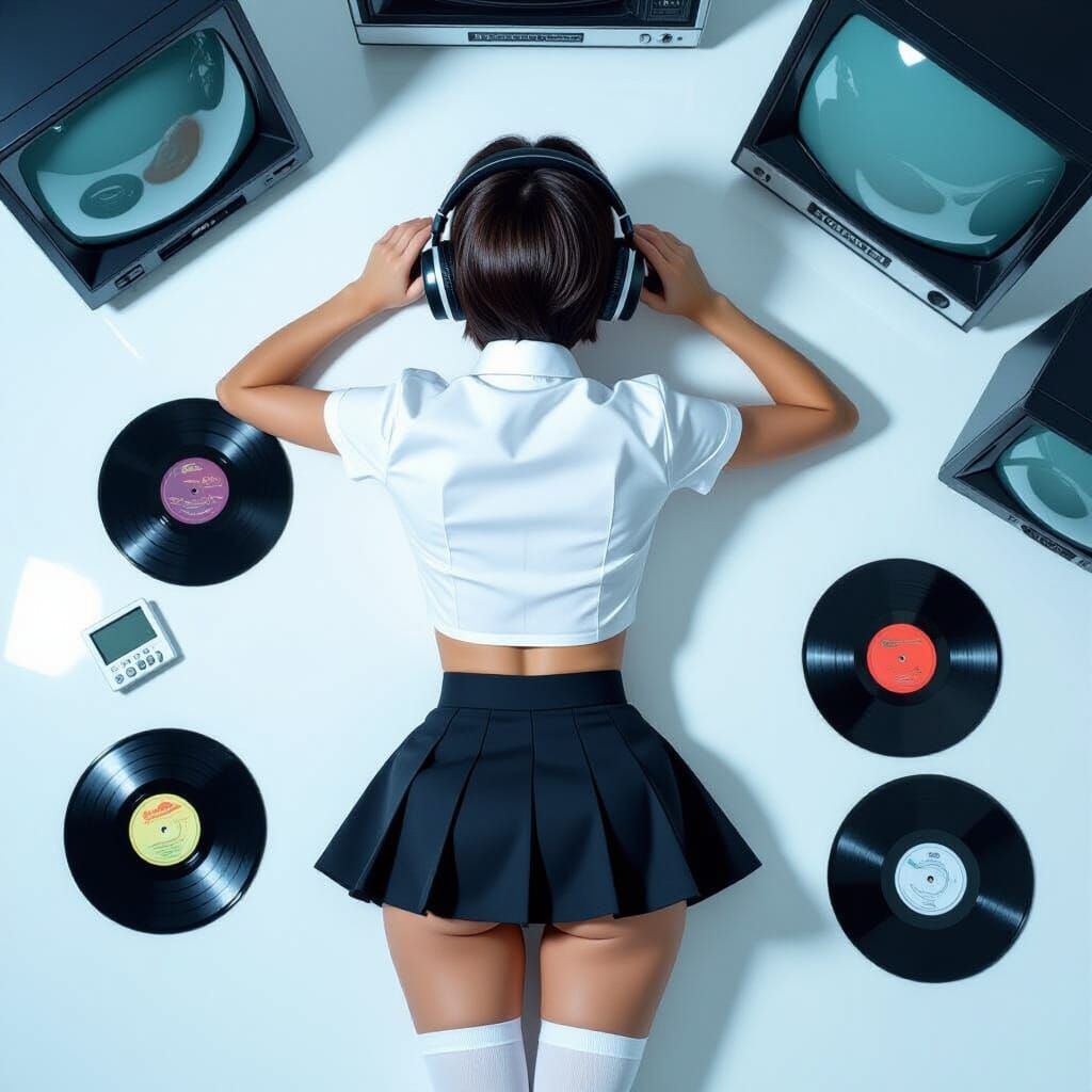 Retro Aesthetic: Woman Poses with Vinyl Records and TVs