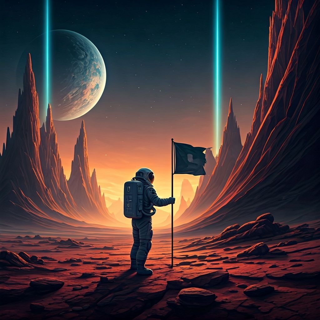 Astronaut Plants Flag on Alien World with Two Moons