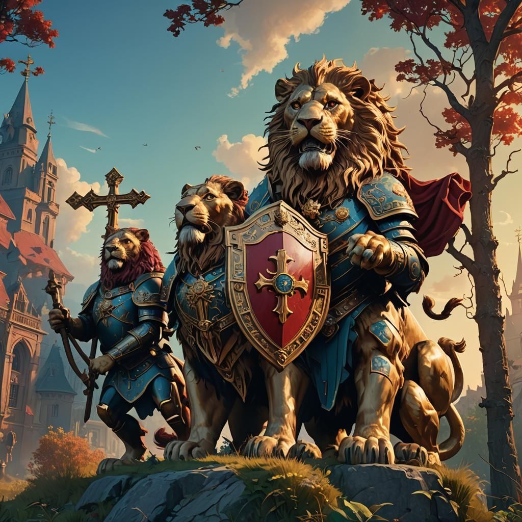 Heraldic Lions Displaying Burgundy Cross: Fantasy Matte Pain...